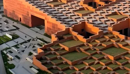 Inspired by millennia-old structures, a "differentiated" roof with 463 levels and a capacity for 9,000 people was built on top of a building in India; the tiered roof is almost a kind of giant garden of 9,000 m², reducing energy consumption and promoting interaction 