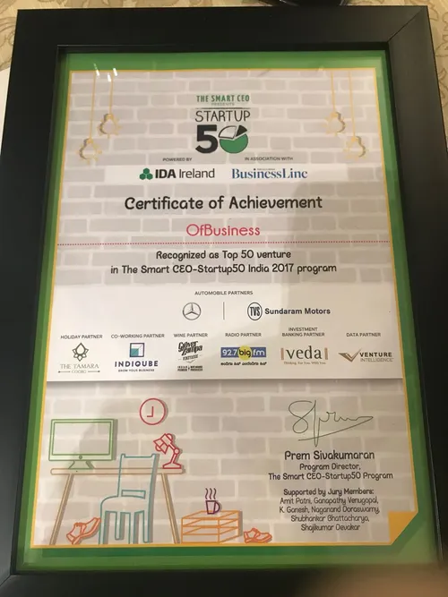 OfBusiness unanimously made it to The Smart CEO-Startup50 List for India